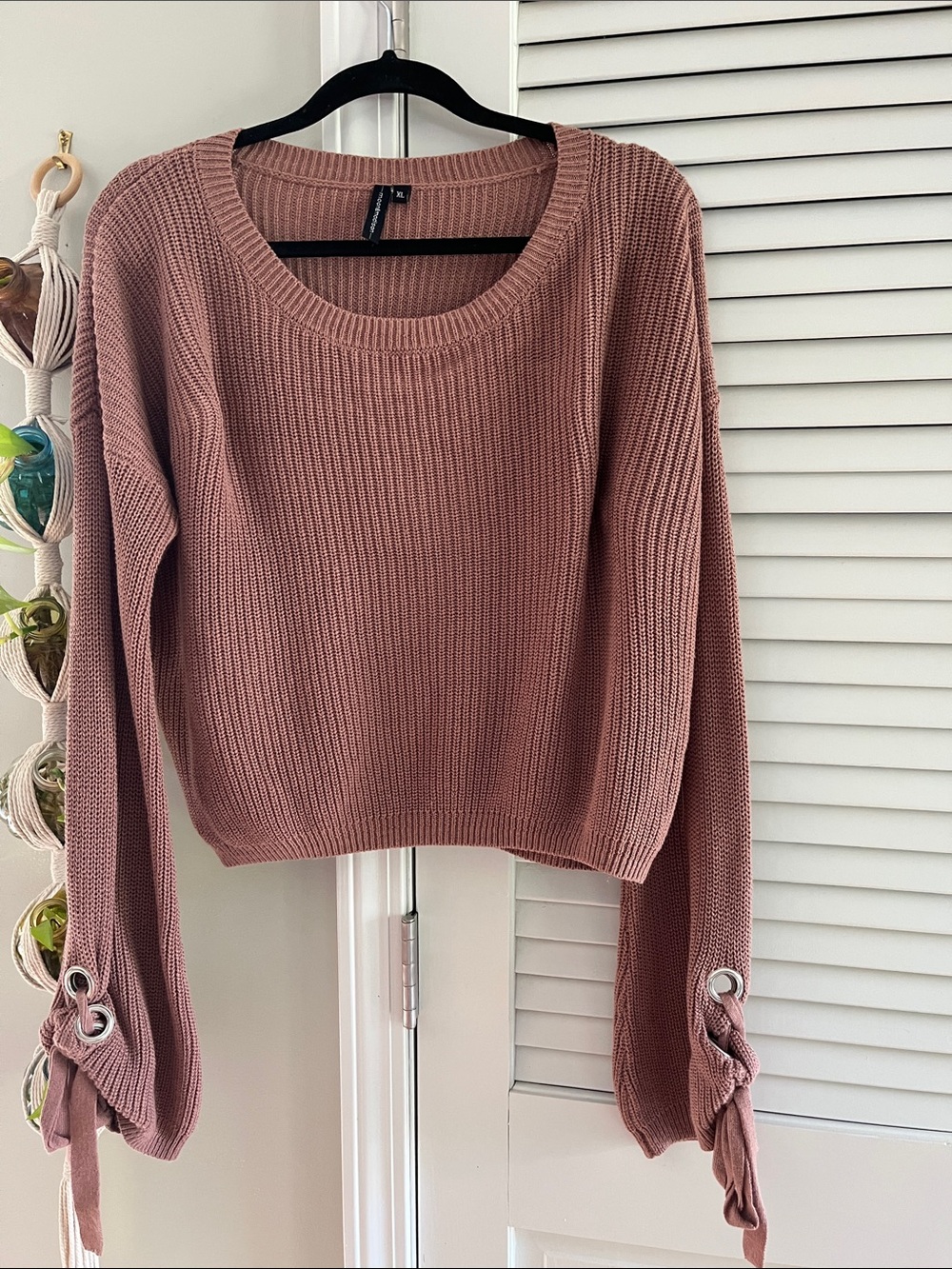 moon & madison Dusty Rose Crewneck Sweater with Lace-Up Sleeves